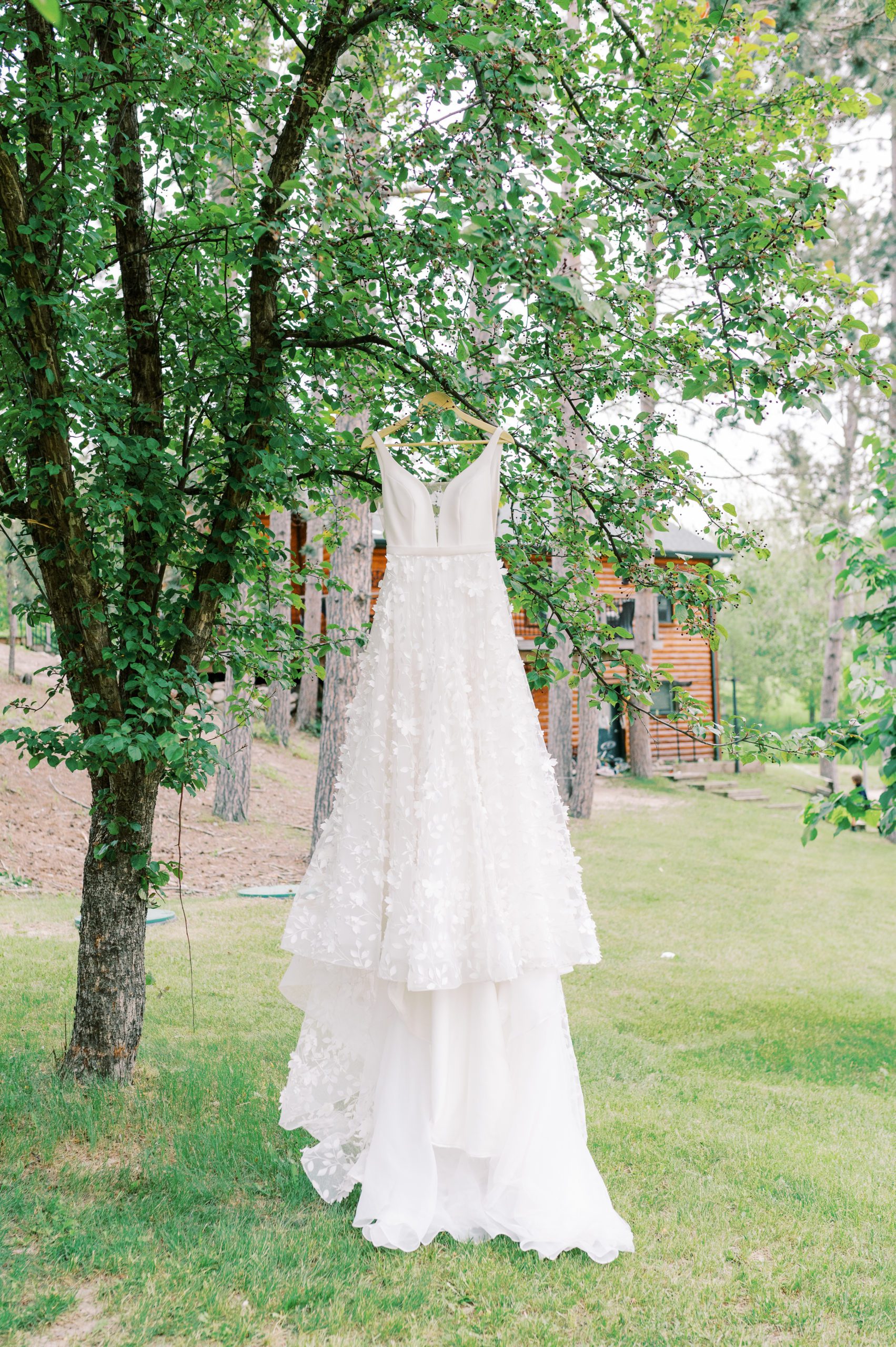 bride's dress hanging on tree