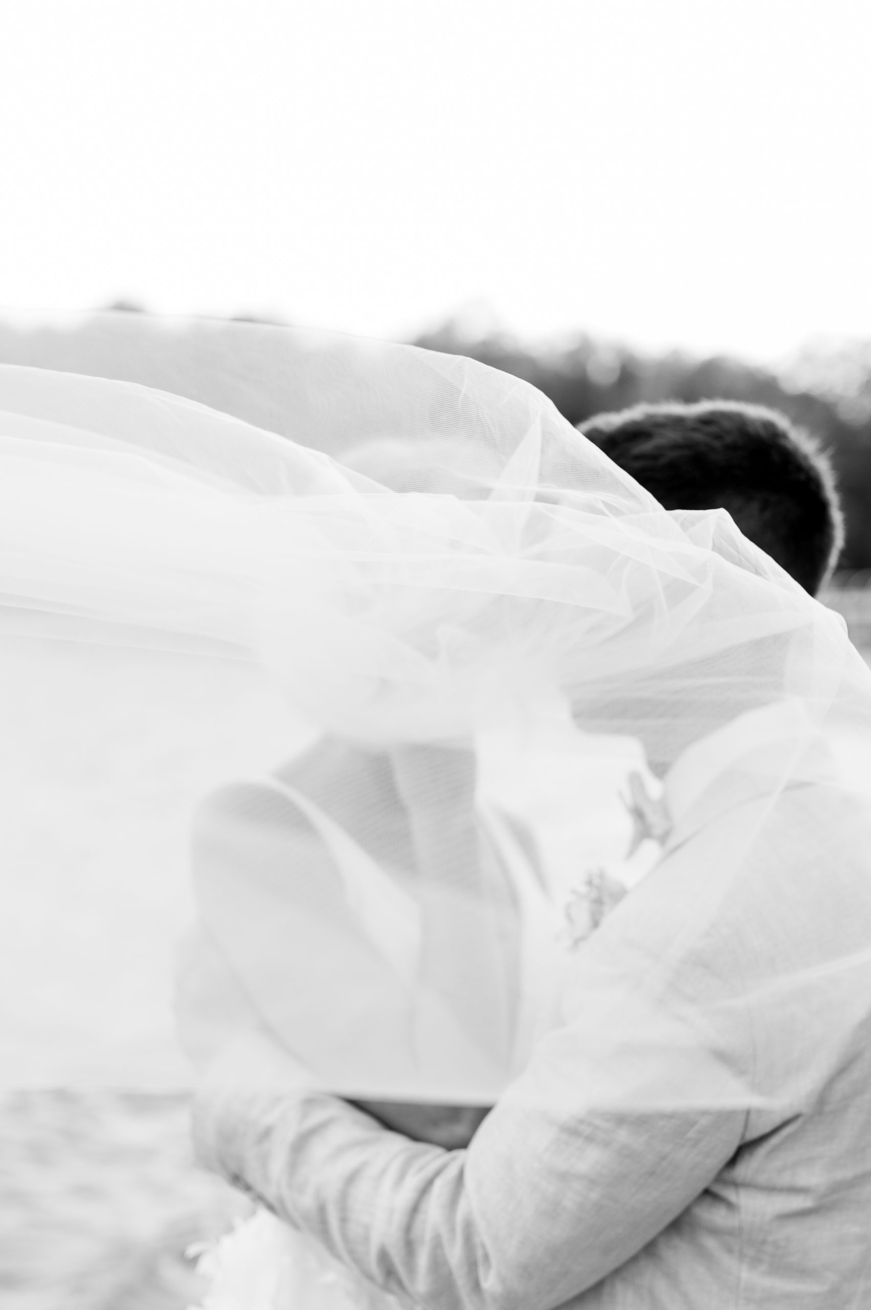 bride and groom veil shot black and white